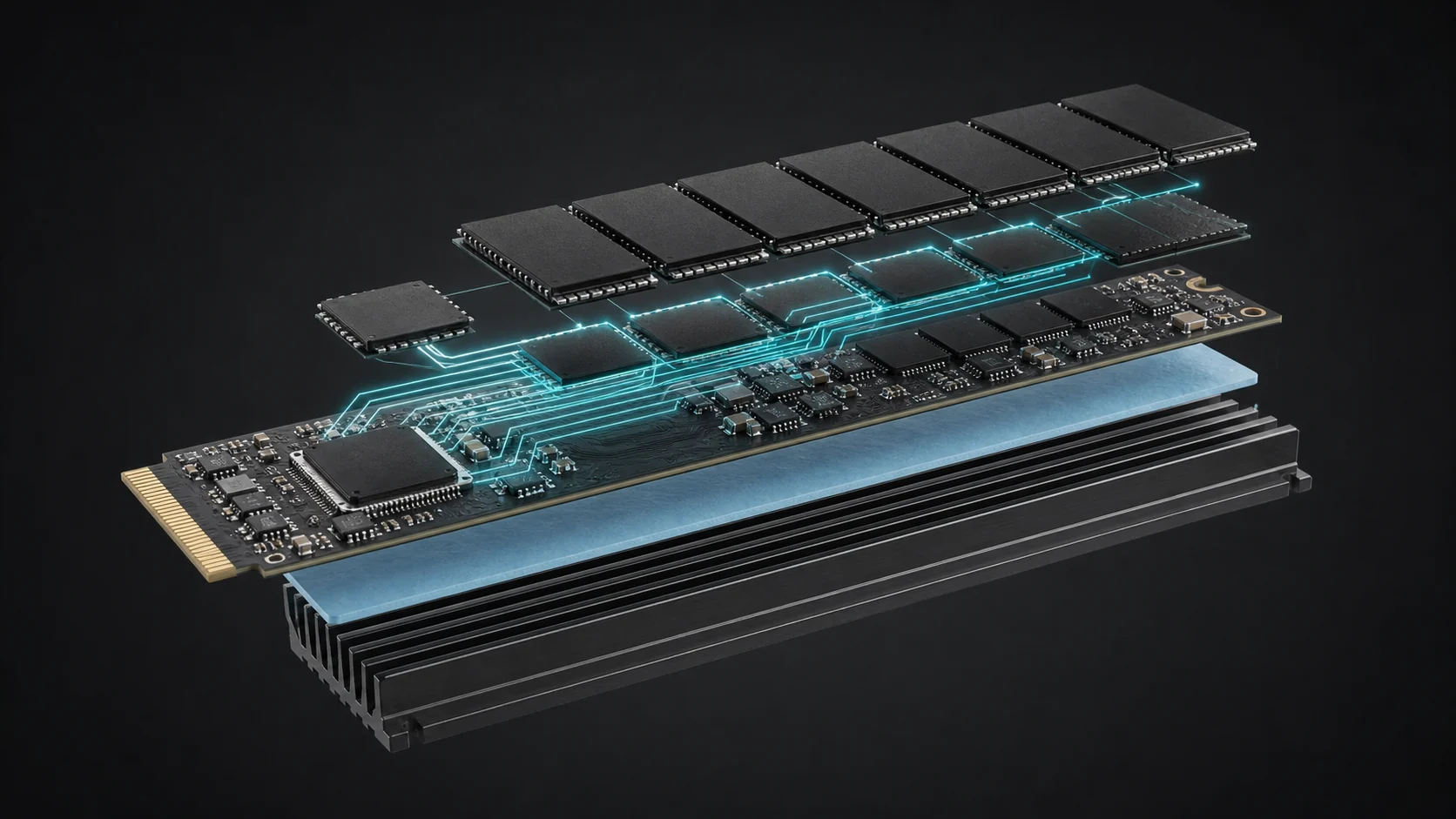 Best 1TB SSDs in 2026: NVMe, SATA & Portable Picks 1 Exploded NVMe SSD controller, memory, thermal pad, and heatsink