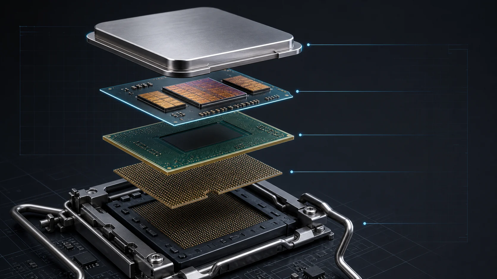 Exploded view of a desktop CPU package, chiplets, substrate, contacts, and socket