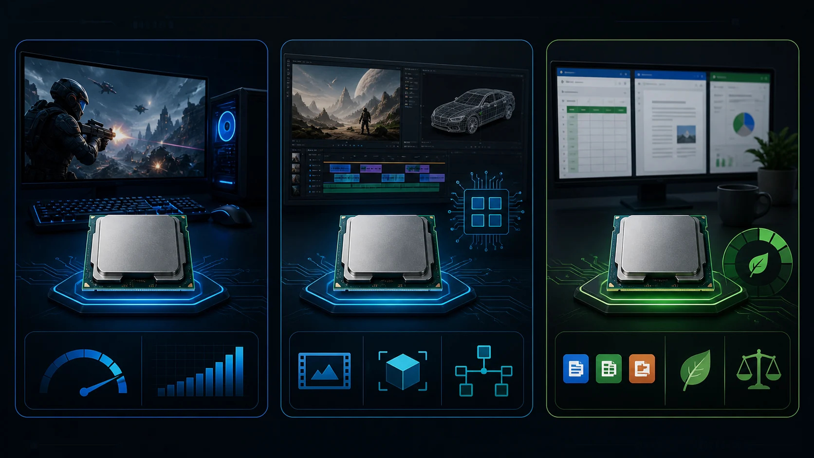Visual comparison of CPUs for gaming, creator work, and everyday value