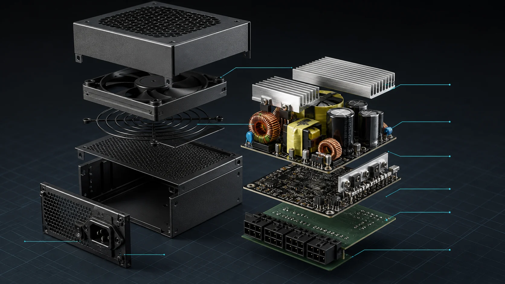 Best Power Supply For Gaming PC: Top Picks & Buying Guide 2 Exploded view of a PC power supply enclosure, fan, transformer, capacitors, PCB, and modular board