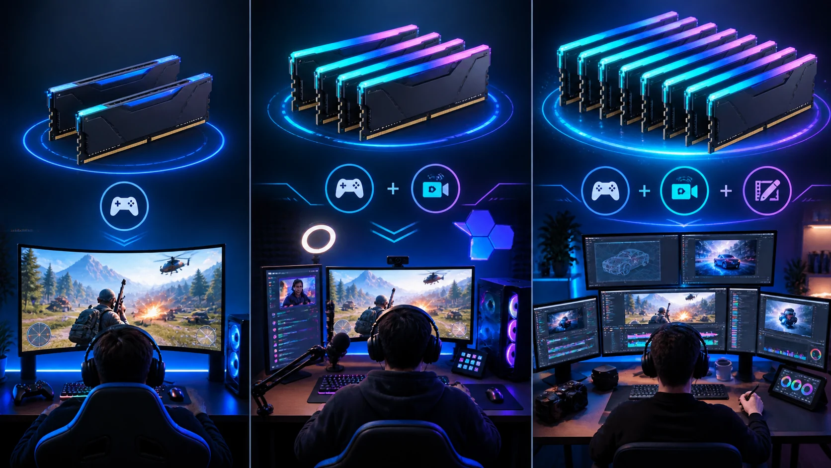 Visual comparison of memory needs for gaming, streaming, and creator multitasking