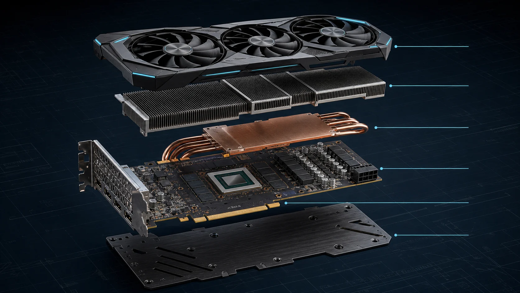 Best Graphics Cards for 2026: Gaming, Creator and Value Picks 2 Exploded view of a graphics card cooler, heatsink, PCB, GPU, memory, and backplate