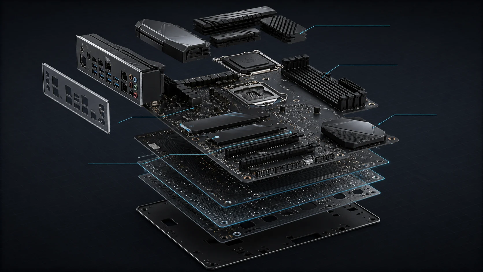 Best Gaming Motherboards 2026: AMD & Intel | PCGearWiki 2 Exploded view of a motherboard PCB, socket, slots, heatsinks, and rear I/O