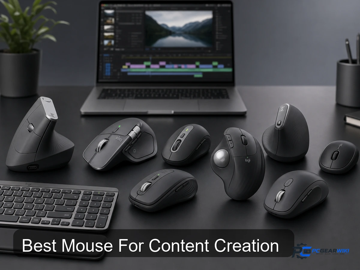 Collection of top Logitech mice for content creators arranged on a modern desk with studio lighting, including MX Vertical, MX Master 4, Signature M650 L, MX Anywhere 3S, ERGO M575S, MX Keys S Combo, Lift Vertical, M185, MX Master 3S, and M510.