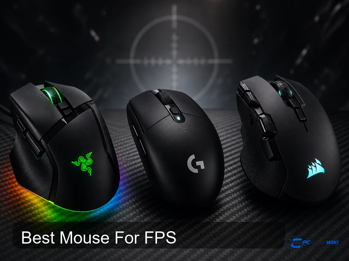 Top several 15 Best Mouse For FPS for 2026 1 Premium thumbnail showing Razer Basilisk V3, Logitech G305, and Corsair IRONCLAW gaming mice on a dark studio surface with subtle FPS crosshair background