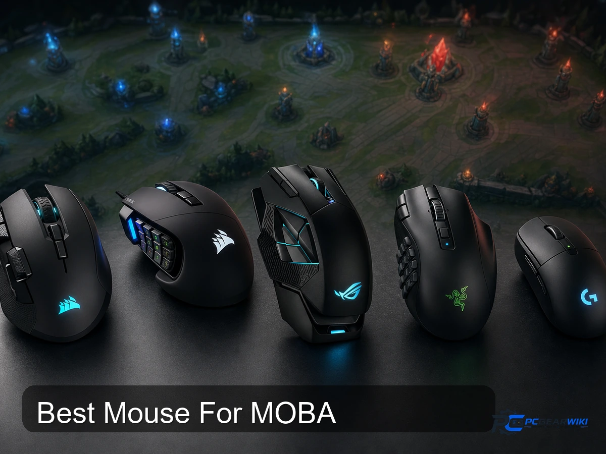 Best MOBA Mice for 2026: Buttons, Control and Comfort 1 Studio‑lit arrangement of premium gaming mice (Corsair IRONCLAW, Corsair Scimitar, ASUS ROG Spatha X, Razer Naga V2, Logitech G305) on a dark surface with subtle RGB lighting and a faint MOBA map silhouette in the background.