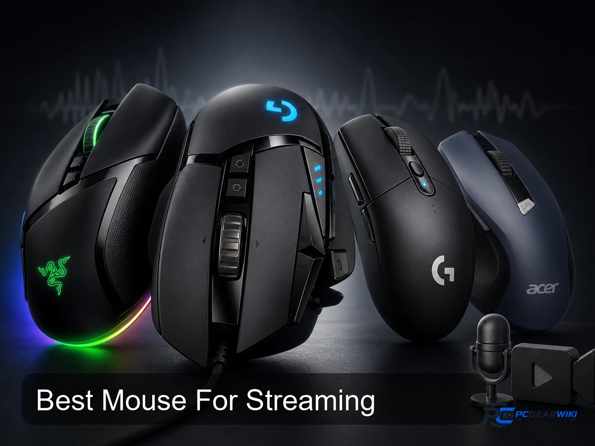 Collage of top streaming mice including Logitech G502 HERO, Razer Basilisk V3, Logitech G305 Lightspeed, and Acer OMR266 on a dark studio background with subtle streaming icons