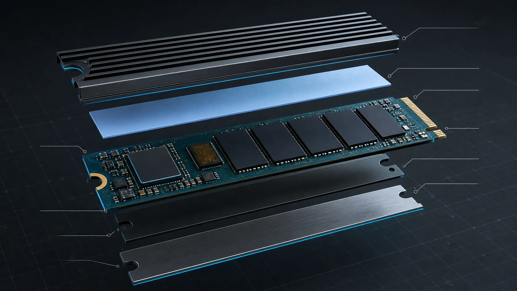 Best SSDs for Gaming in 2026: NVMe and SATA Picks 1 Exploded view of an M.2 NVMe SSD heatsink, thermal pad, controller, NAND, and PCB