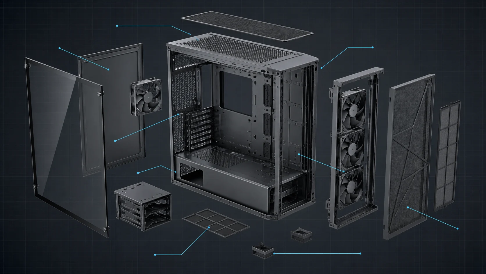 Exploded view of PC case panels, filters, fan trays, and internal frame