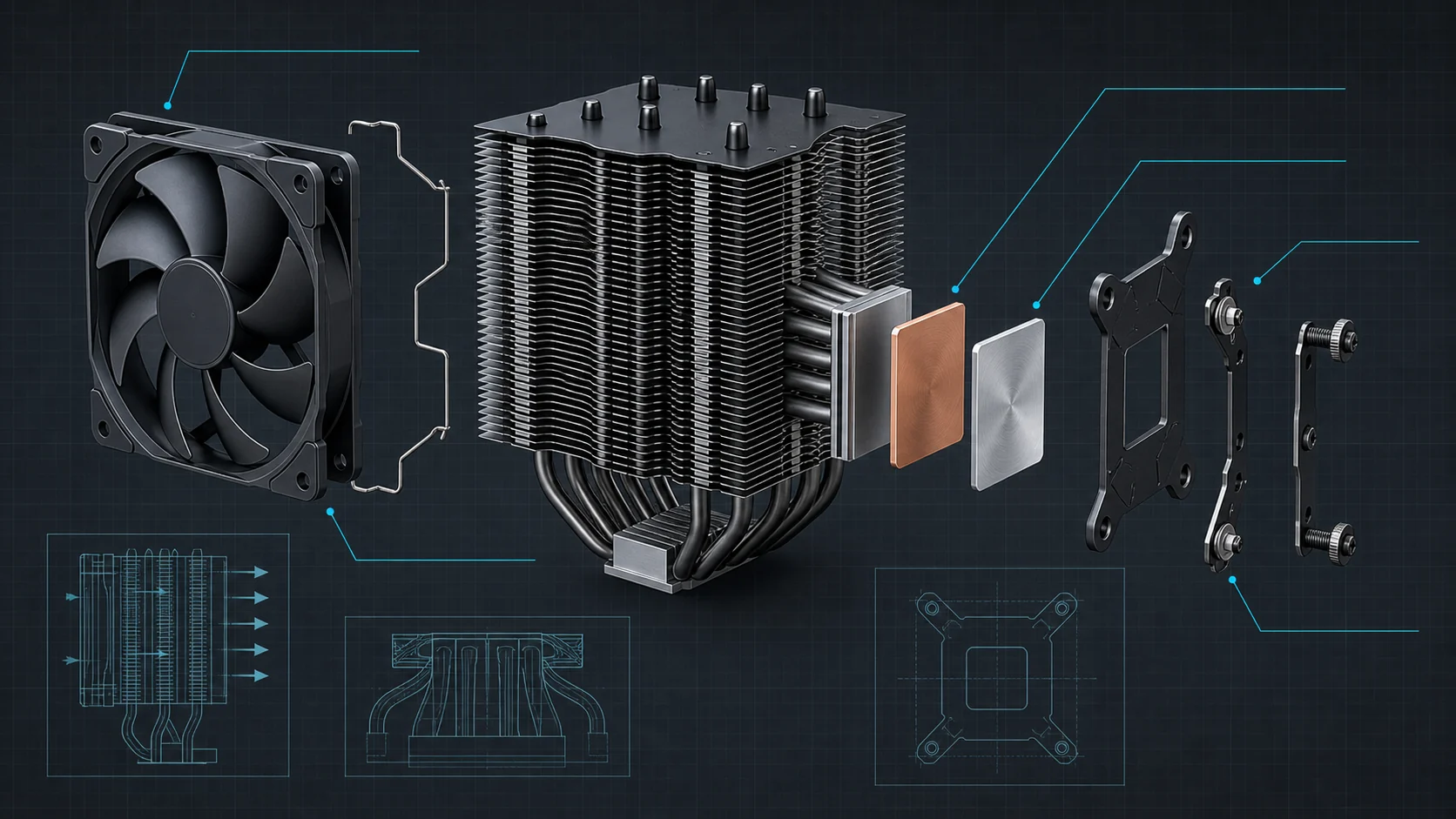 Exploded view of CPU cooler fan, fin stack, heat pipes, base, and mounting hardware