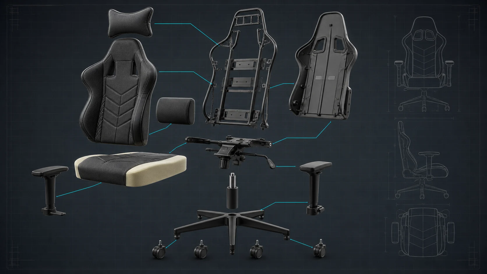 Gaming Chair Buying Guide: Top Comfort and Support Picks 2 Exploded view of a gaming chair frame, cushions, mechanism, base, and casters
