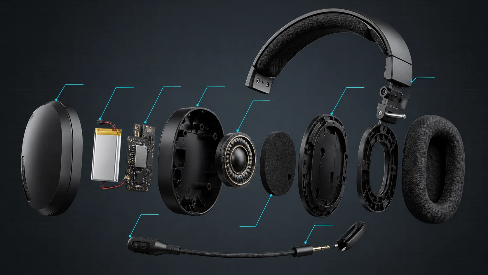Exploded view of a gaming headset earcup and internal components