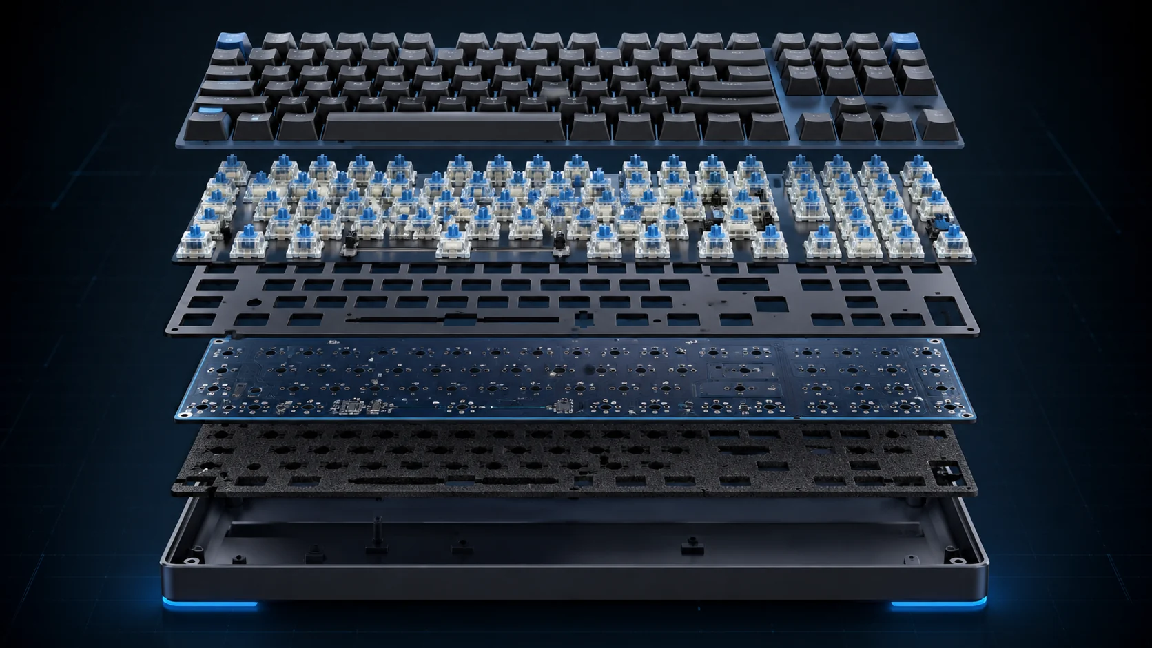 Best Gaming Keyboards Buying Guide 1 Exploded view of mechanical keyboard keycaps, switches, plate, PCB, foam, and case