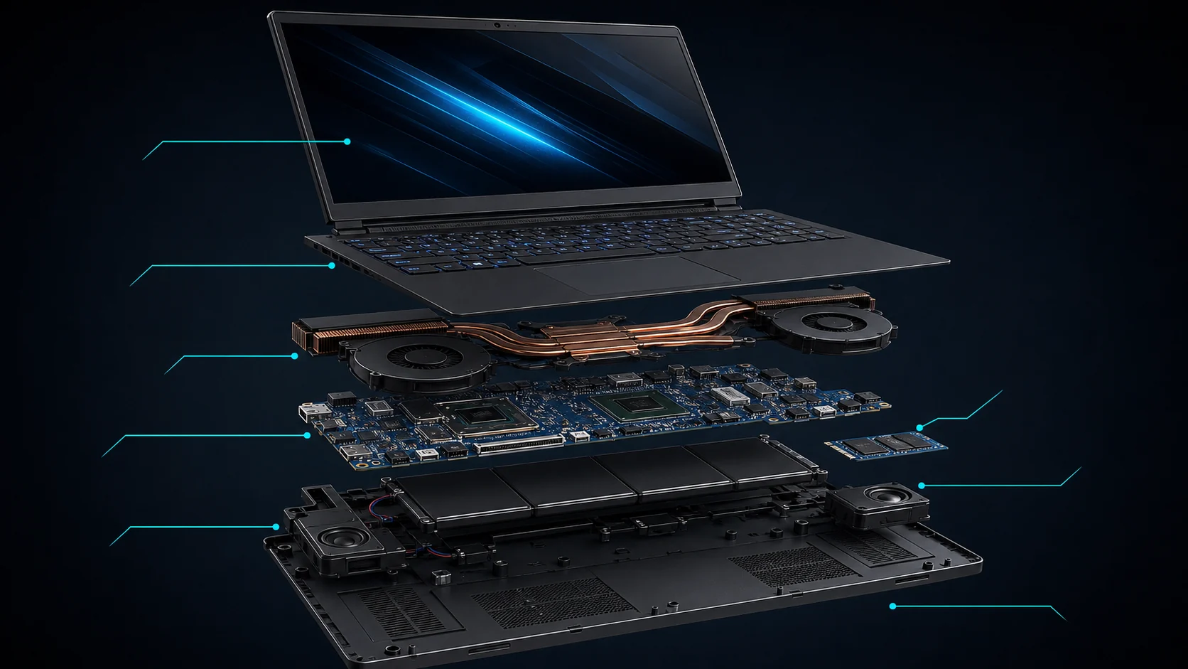 Exploded technical view of a gaming laptop cooling system and internal components