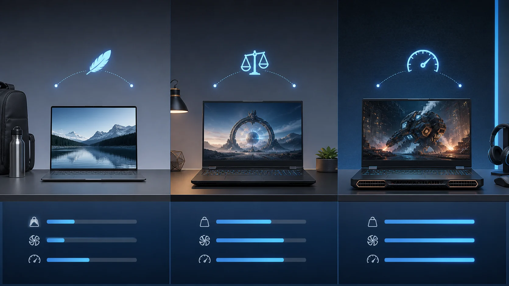 Visual comparison of portable, balanced, and high-performance gaming laptops