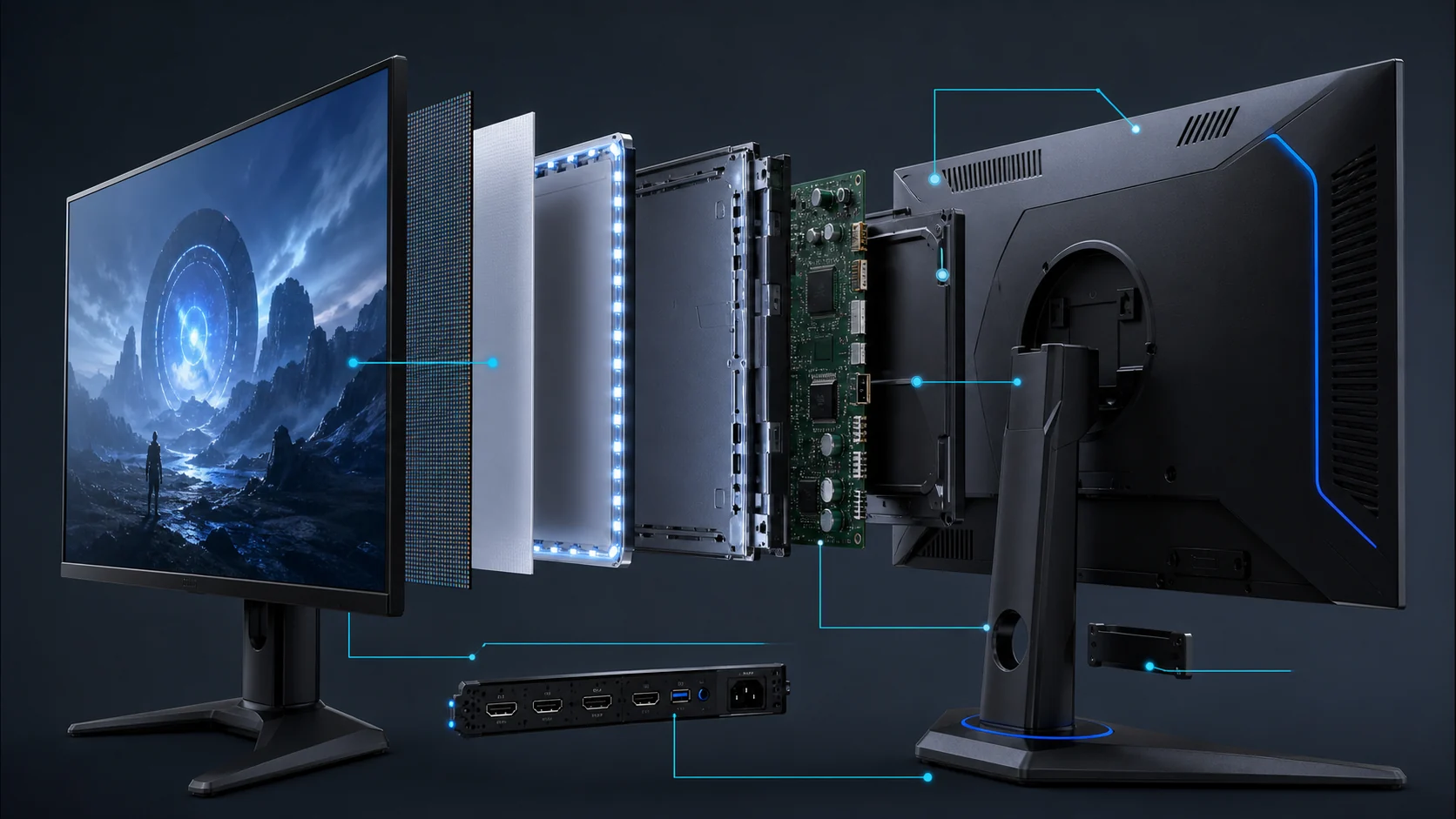 Exploded technical view of a gaming monitor panel, electronics, ports, and stand