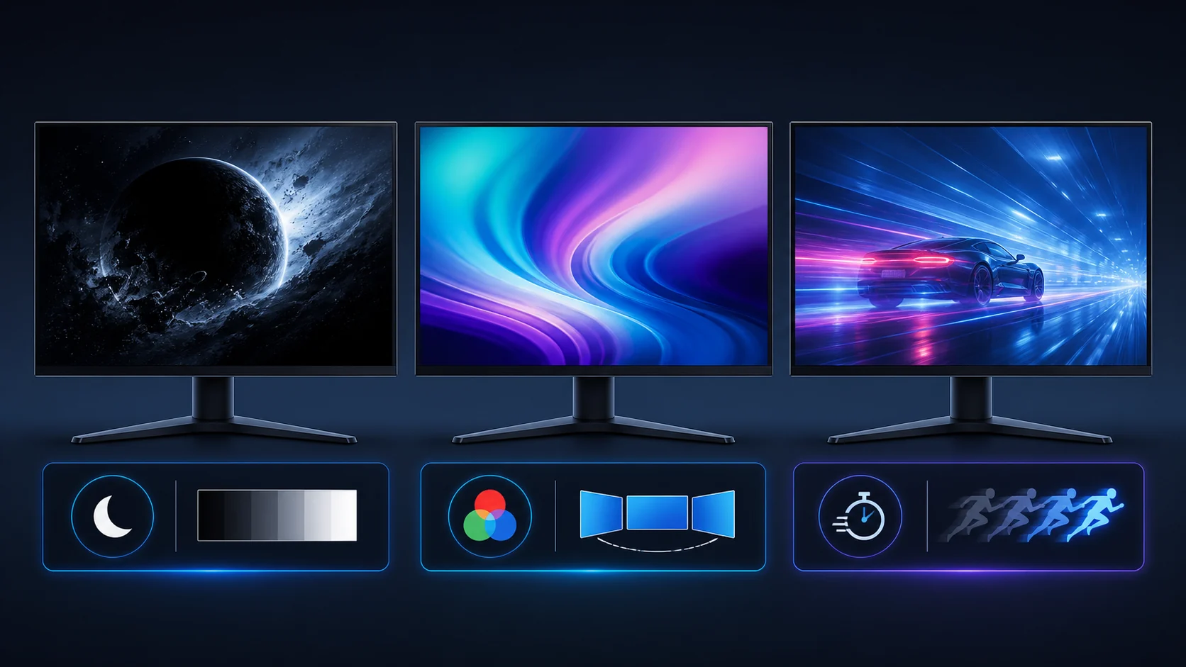 Visual comparison of gaming monitor contrast, color, and motion characteristics