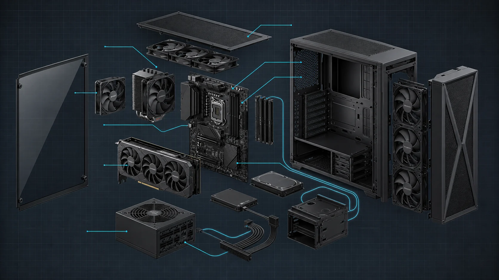 Best Gaming PCs for 2026: Prebuilt Systems Compared 2 Exploded view of gaming PC components and case assembly