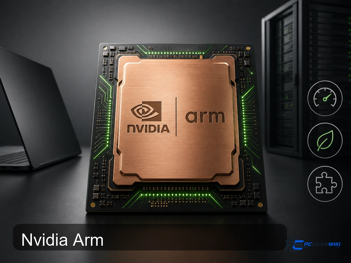 NVIDIA ARM CPUs Explained: Grace, GB10, and PC Compatibility 1 Realistic 3D rendering of a Nvidia‑Arm hybrid processor chip with green circuitry on a dark studio‑lit background, accompanied by subtle performance, efficiency, and compatibility icons.