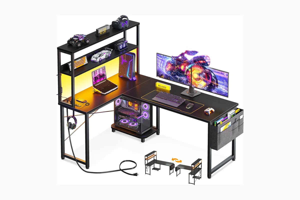 ODK 53 Inch L Shaped Gaming Desk with LED Lighting, Reversible Desk with Power product image