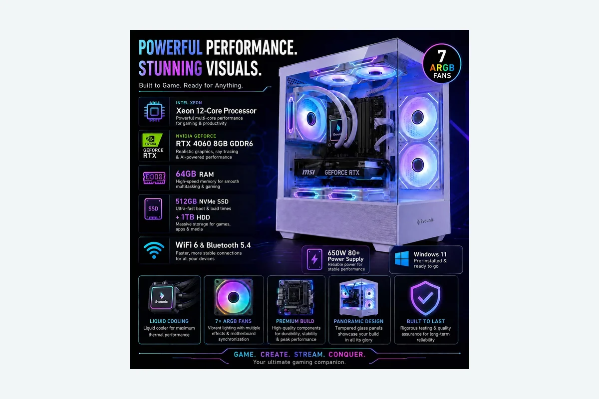 Gaming Desktop PC Computer Liquid Cooled – 12-Core Processor, GeForce RTX 4060 GDDR6, 64GB product image