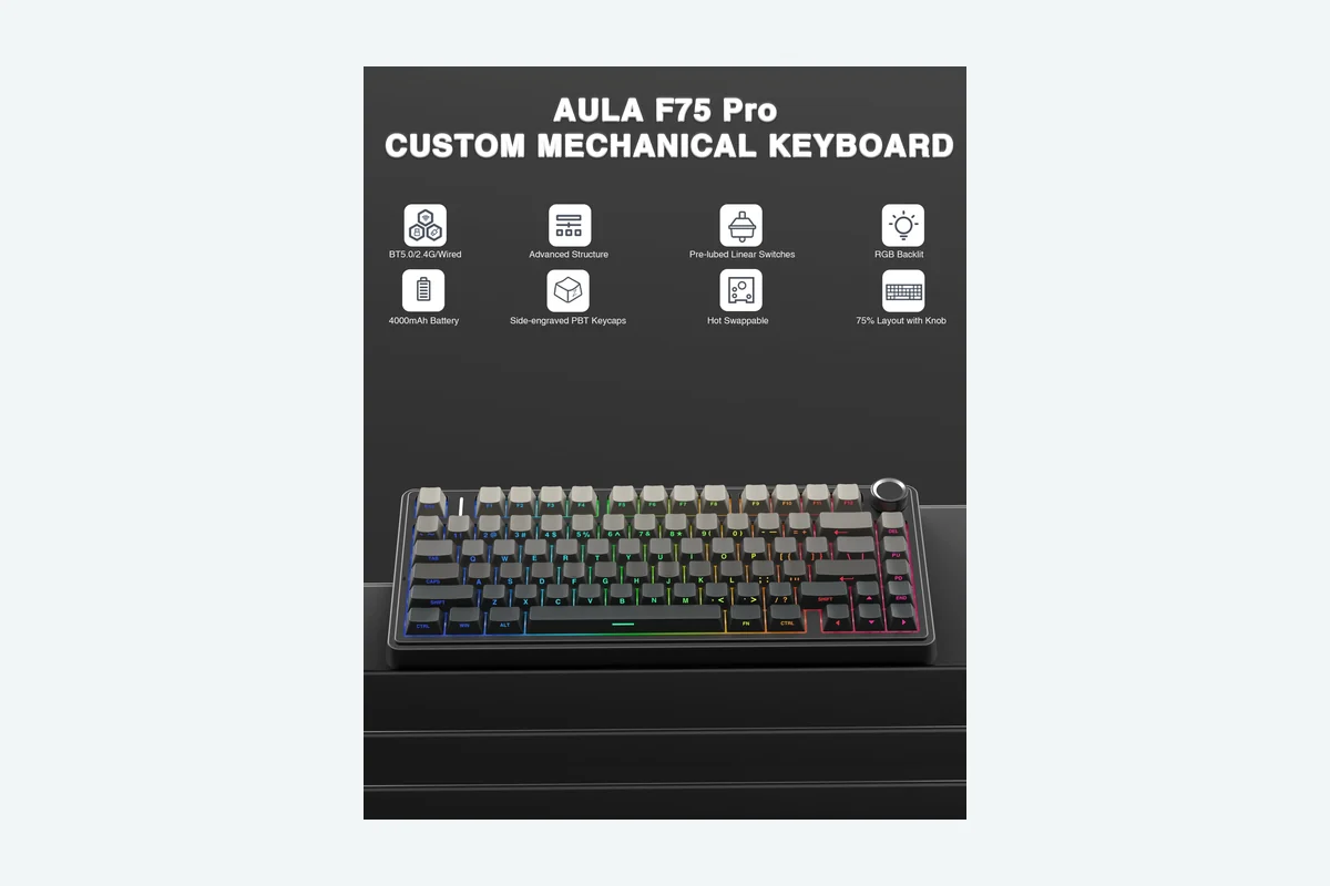 Custom Mechanical Keyboard Buying Guide for 2026 2 AULA F75 Pro Wireless Mechanical Keyboard,75% Hot Swappable Custom Keyboard with Knob,RGB Backlit,Pre-lubed Reaper product image