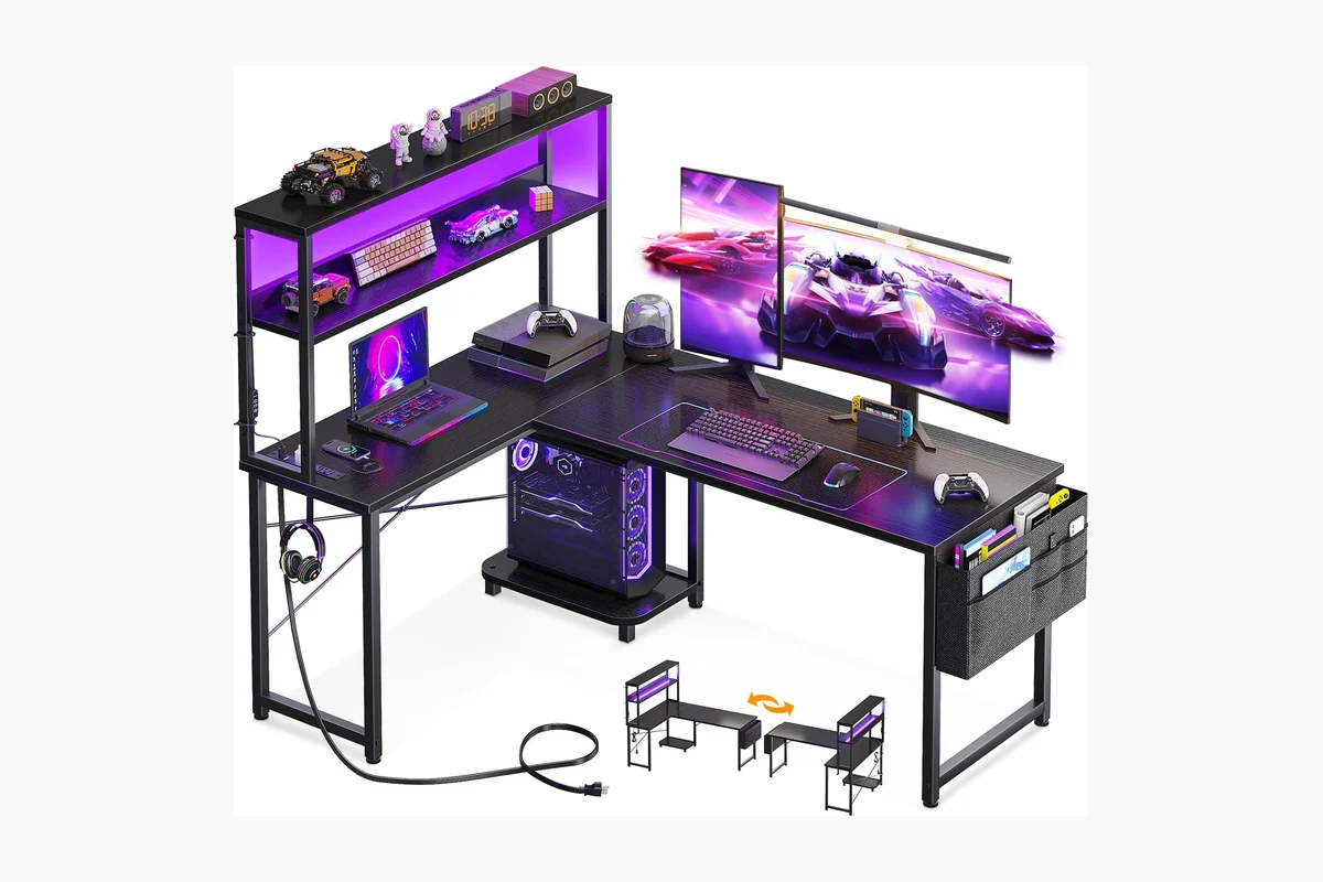AODK L Shaped Desk Gaming Desk with LED Light & Power Outlet, 53 Inch product image