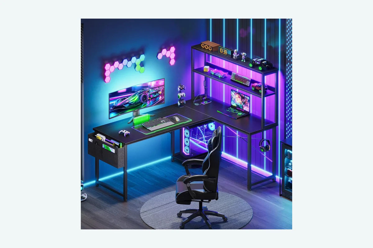 AODK L Shaped Desk Gaming Desk with LED Light & Power Outlet, 53 Inch product image