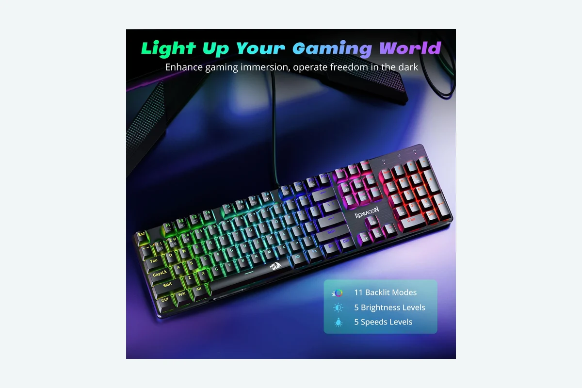 Redragon Mechanical Gaming Keyboard Wired, 11 Programmable Backlit Modes, Hot-Swappable Red Switch, Anti-Ghosting, Double-Shot product image