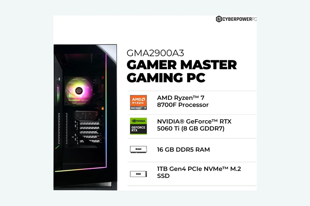 CyberPowerPC Gamer Master Gaming PC, AMD Ryzen 7 8700F 4.1GHz, GeForce RTX 5060 Ti product image