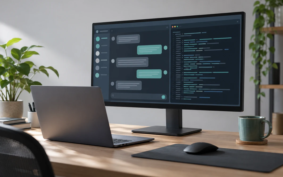 Illustration of an AI chat and coding workstation, not a real app screenshot