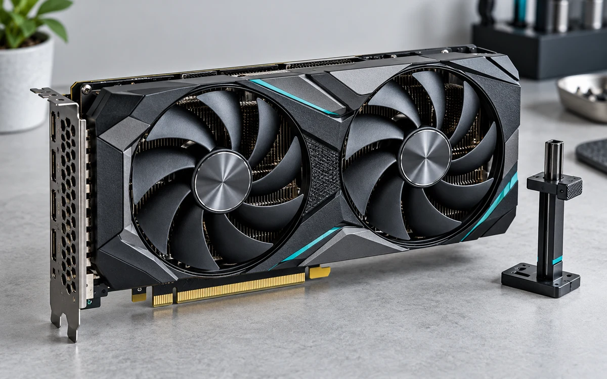 Illustration of a desktop graphics card and support bracket