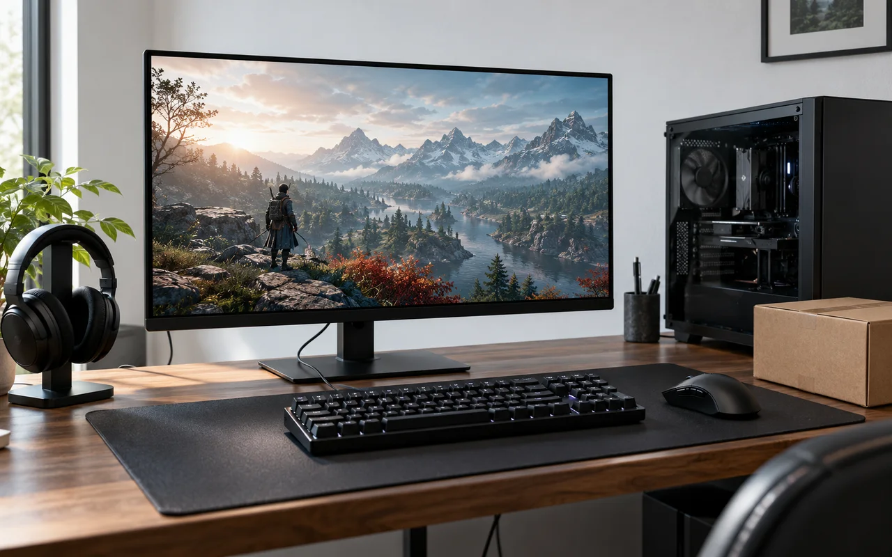Illustrated gaming desk with a monitor, keyboard, mouse, and desktop PC