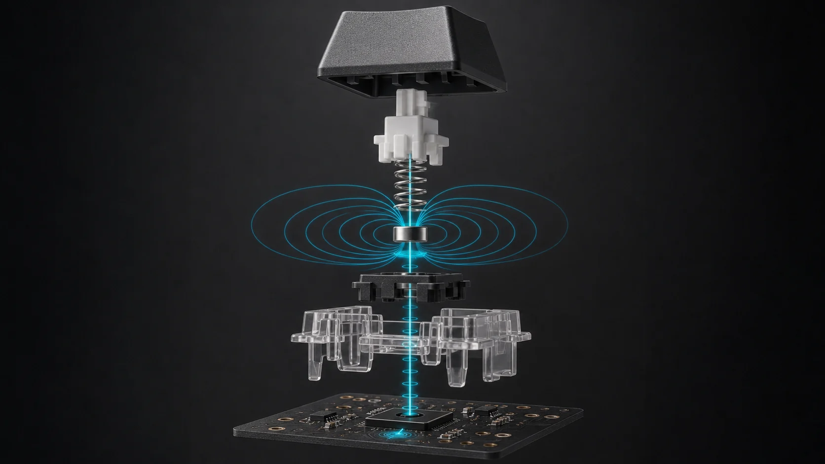 Best Rapid Trigger Keyboards 2026: Hall Effect Picks 2 Exploded magnetic keyboard switch with magnet and sensor