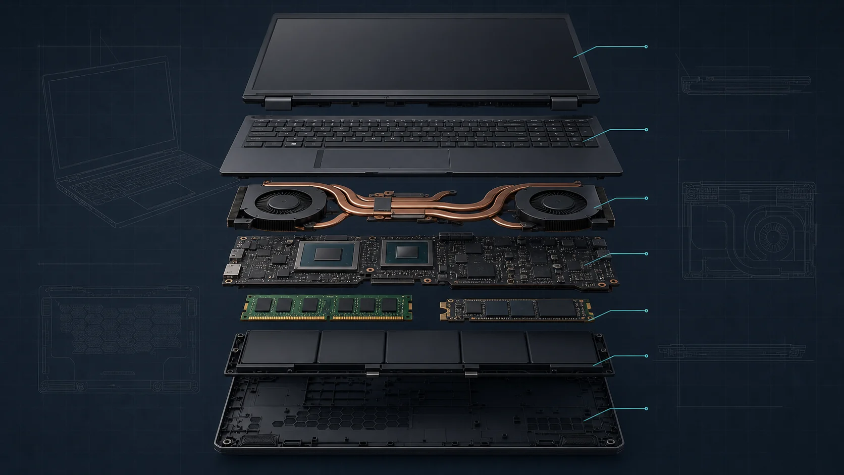 Best RTX 4070 Gaming Laptops 2026: Budget & Value Picks 1 Exploded view of a gaming laptop cooling system and internal components