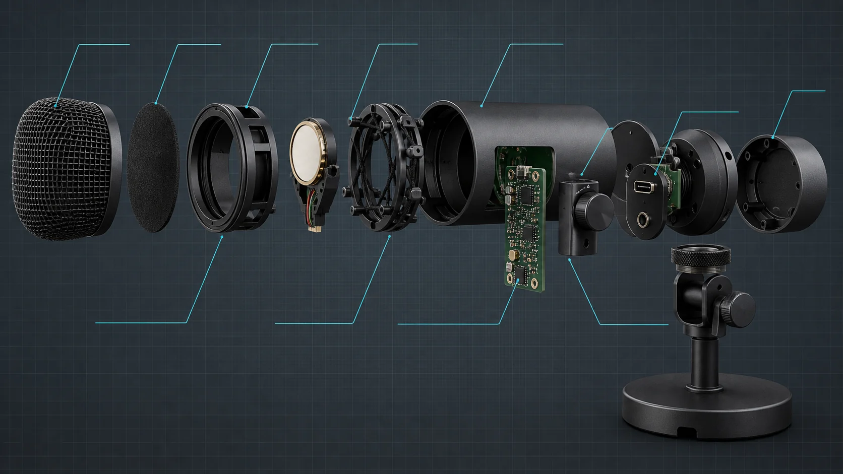 Best Microphone For Streaming Buying Guide for 2026 2 Exploded view of a streaming microphone capsule, electronics, and enclosure