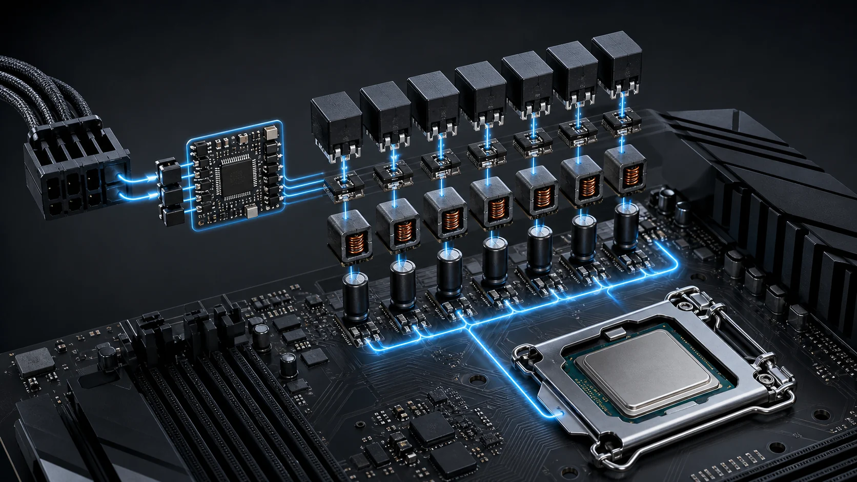 Exploded motherboard VRM power delivery path from input to CPU