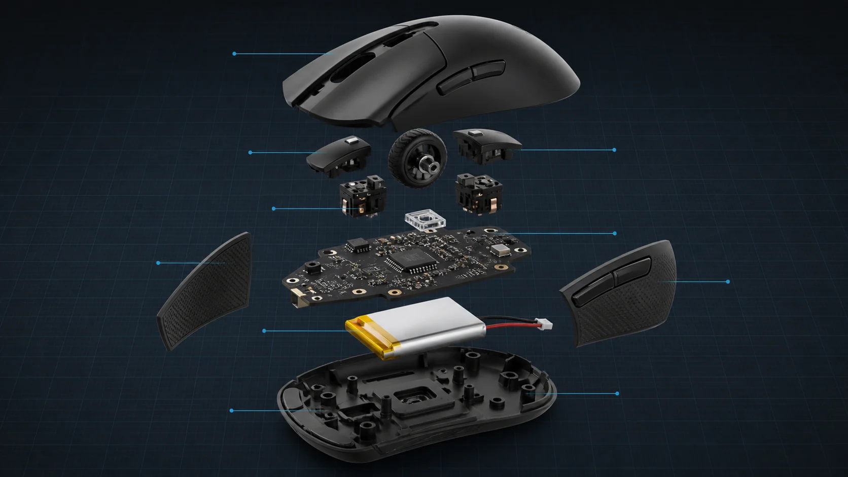 Exploded view of a wireless gaming mouse